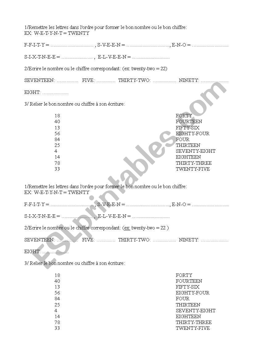 test on numbers worksheet