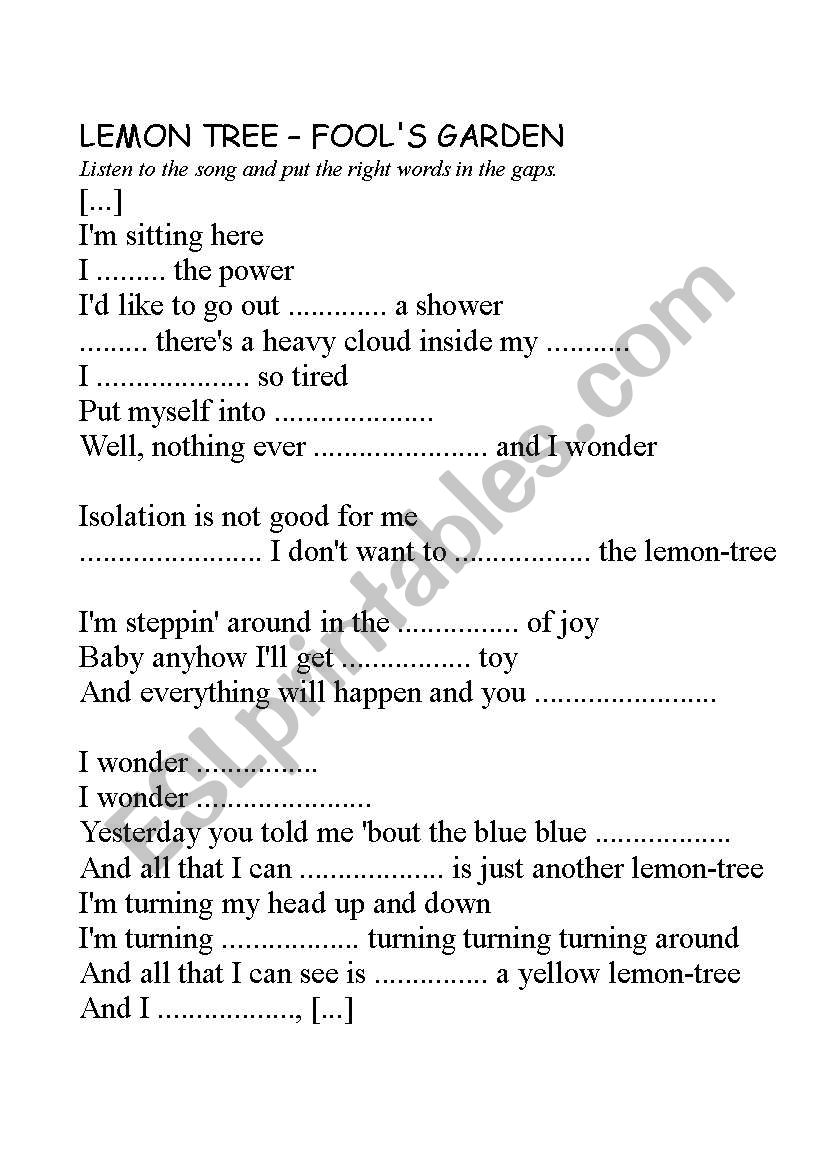 LEMON TREE - SONG ACTIVITY worksheet