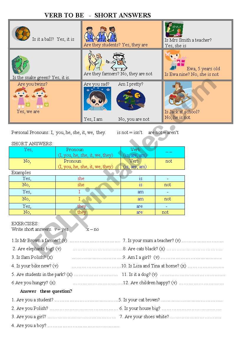 Verb to be - short answers worksheet