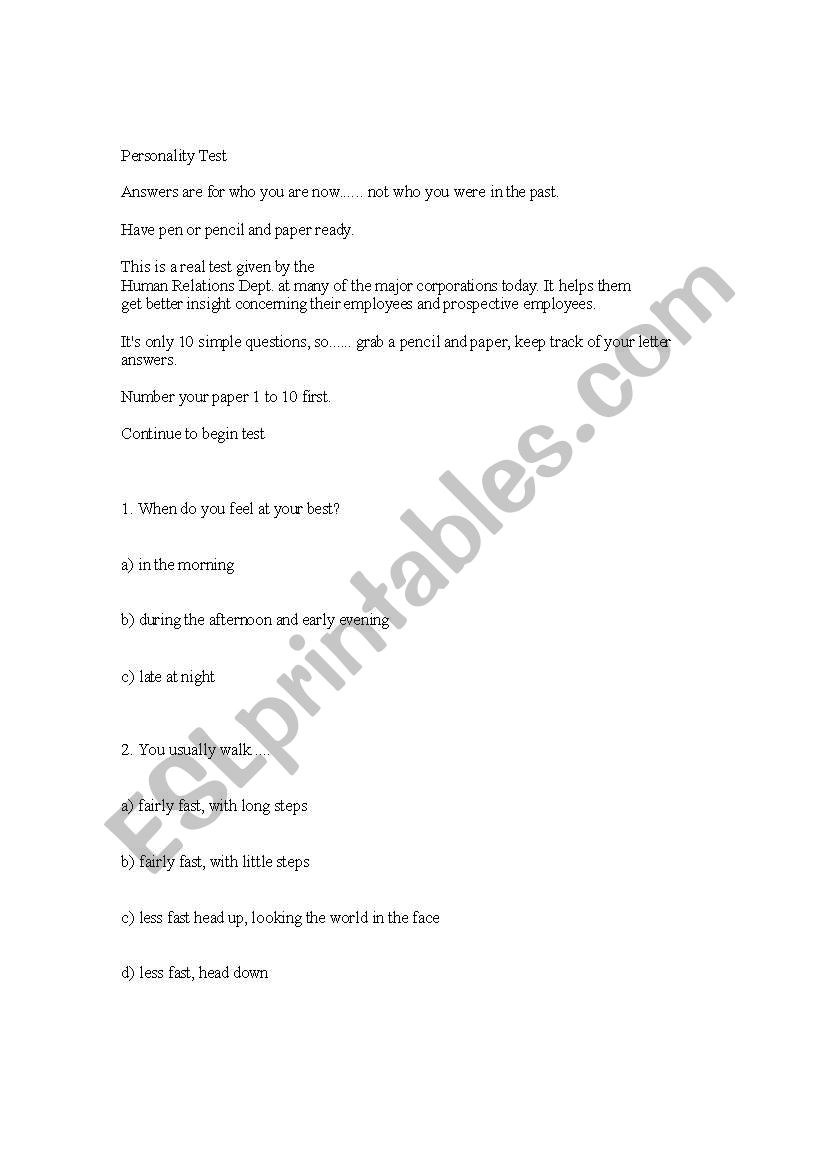 Personality questionairre worksheet