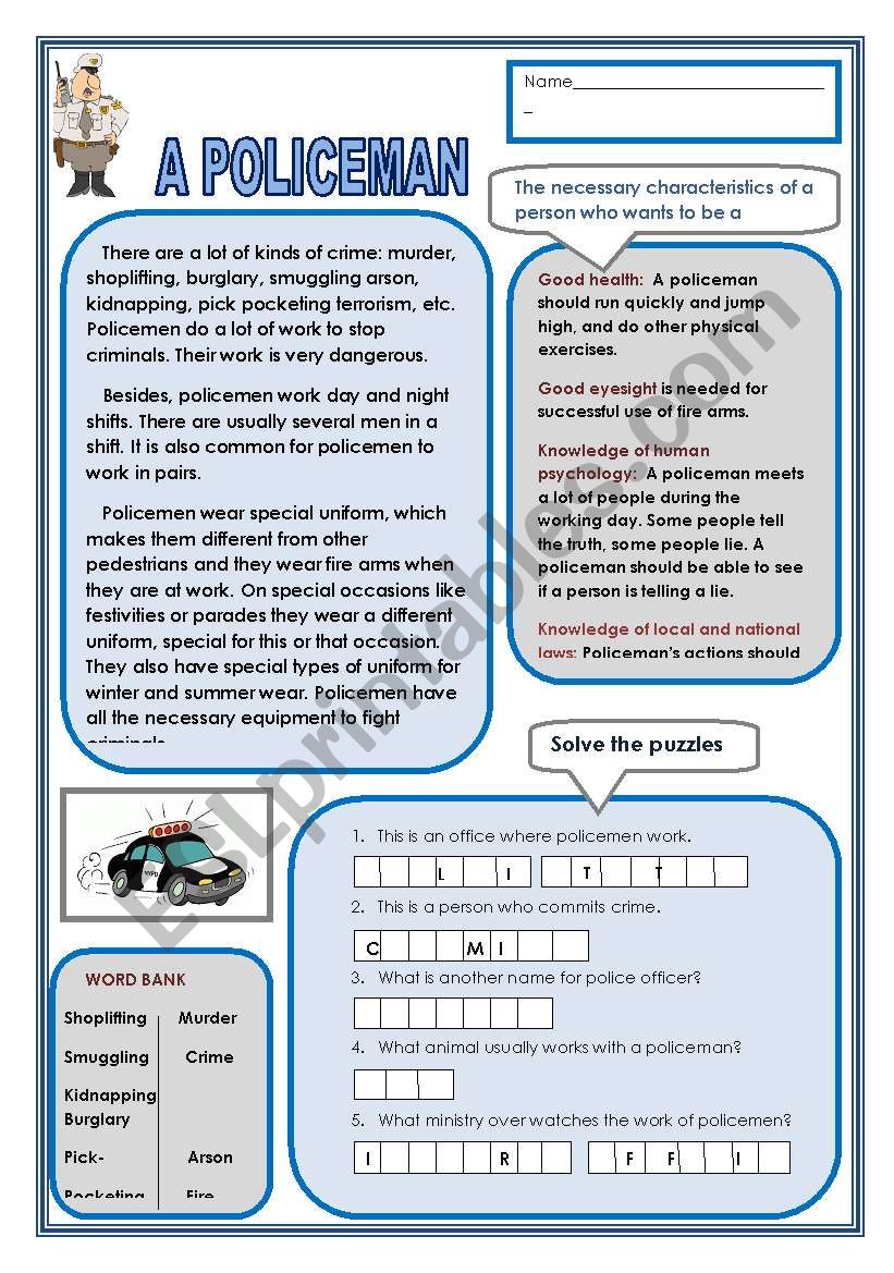 A Policeman worksheet