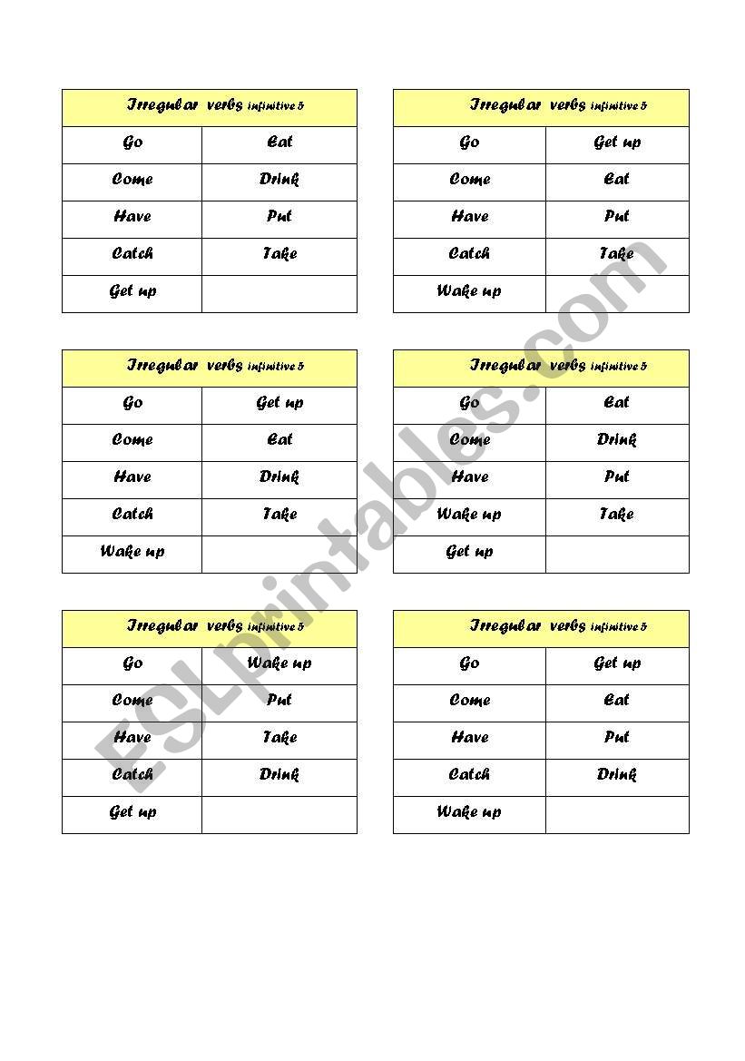 Irregular verbs bingo worksheet