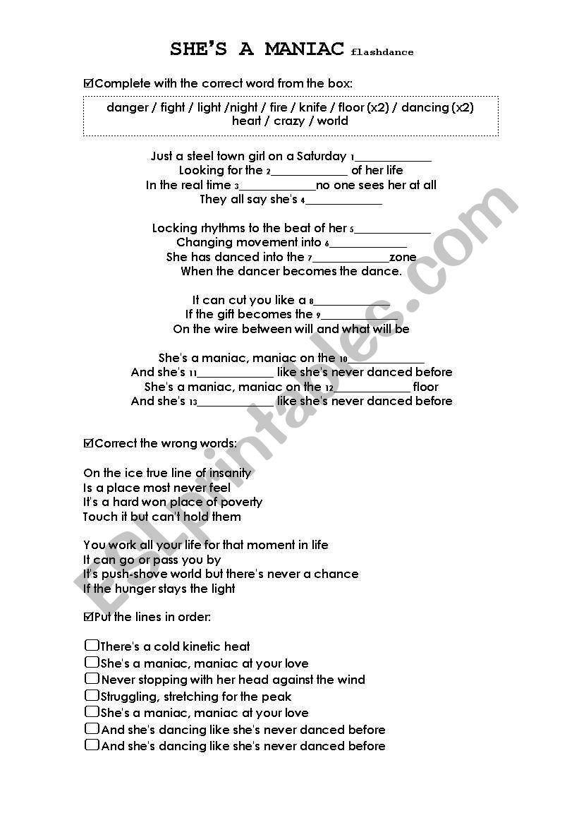 English Worksheets She S A Maniac Flashdance