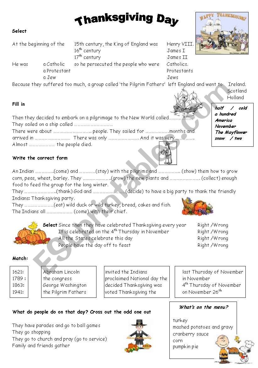 THANKSGIVING: history and traditions - ESL worksheet by Jackella