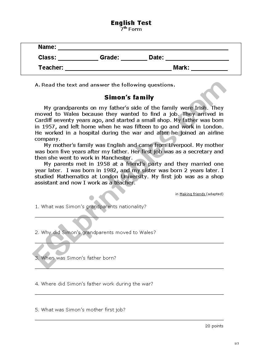 English test - 7th grade - ESL worksheet by gloriasmartins