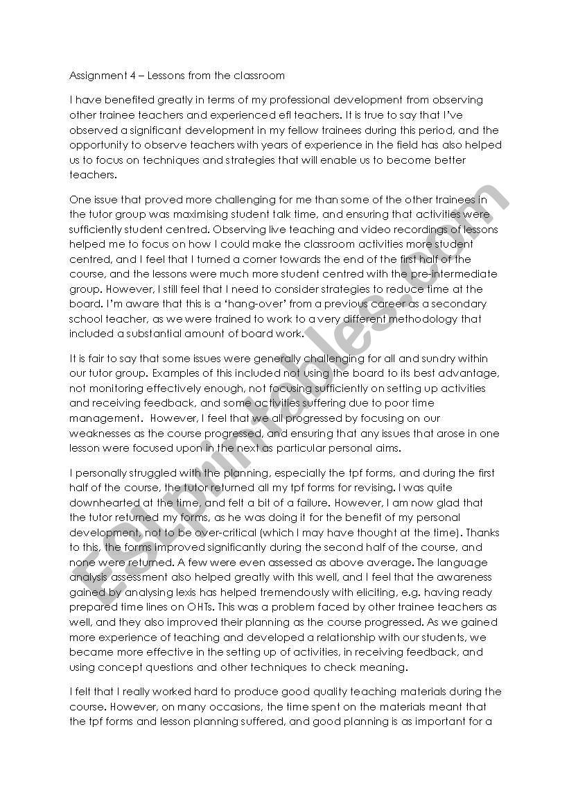 CELTA course ´Lesson from the classroom´ assignment´. - ESL worksheet ...