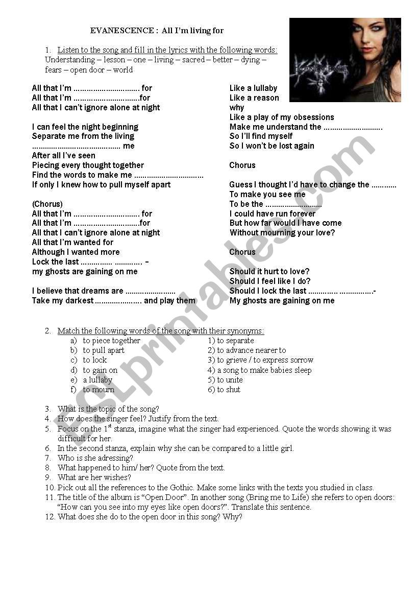 evanescence  worksheet