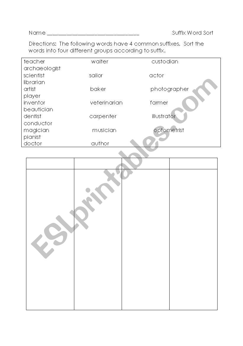 Doer suffix sort worksheet