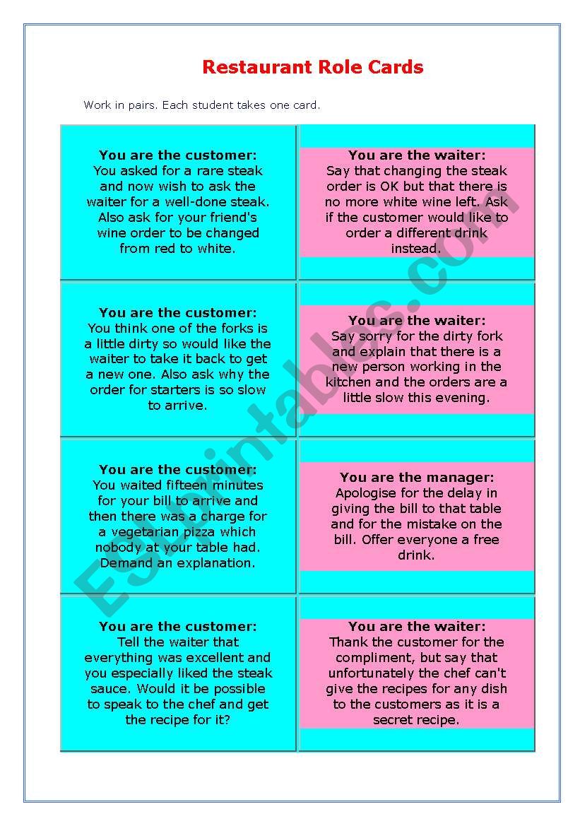 RESTAURANT ROLE CARDS worksheet