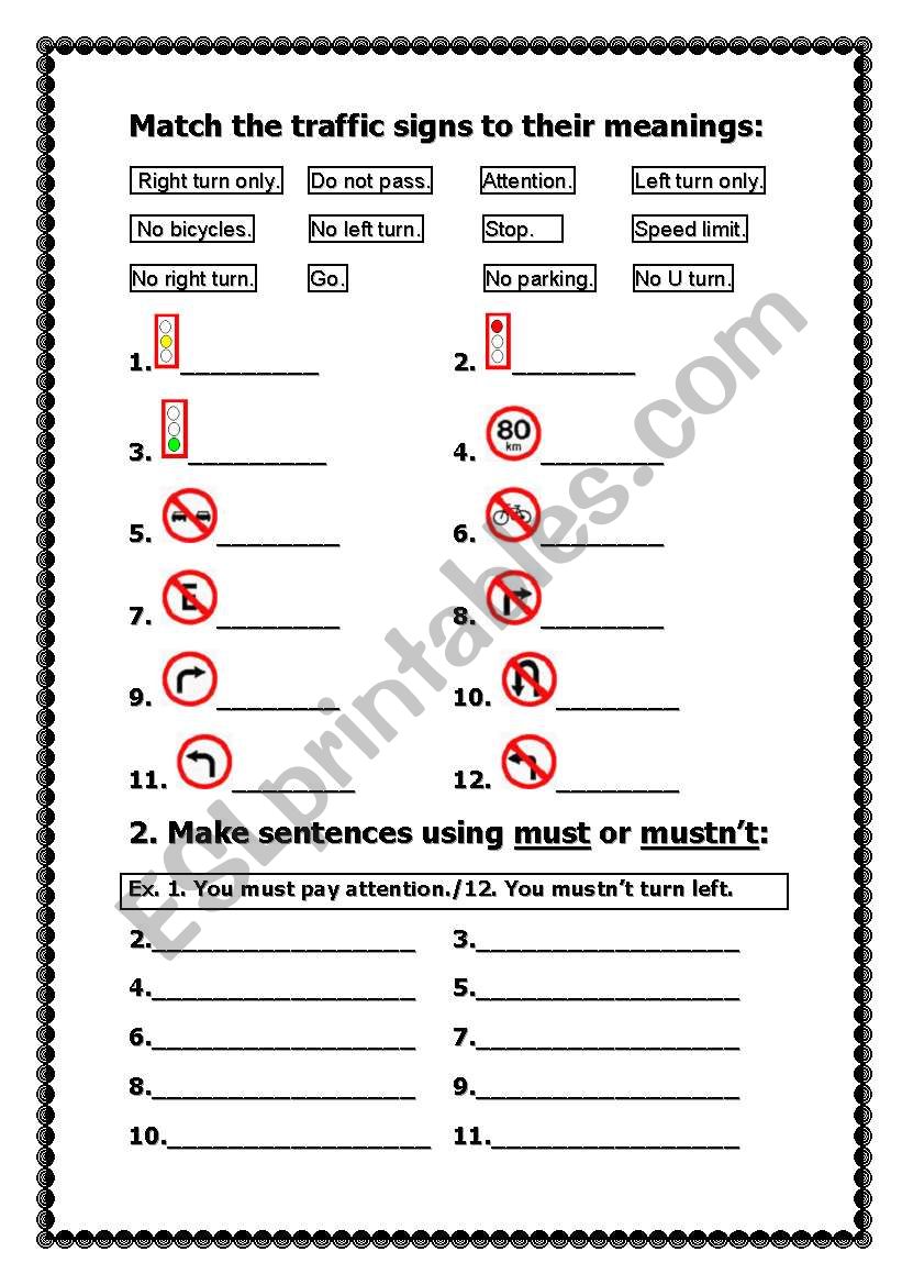 Traffic signs - must/musnt worksheet