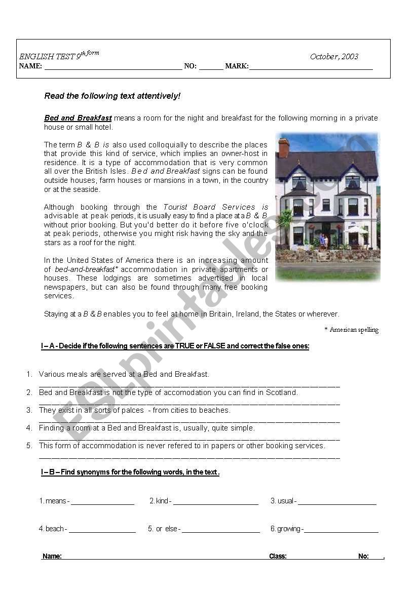 Hoidays - Bed and Breakfast worksheet