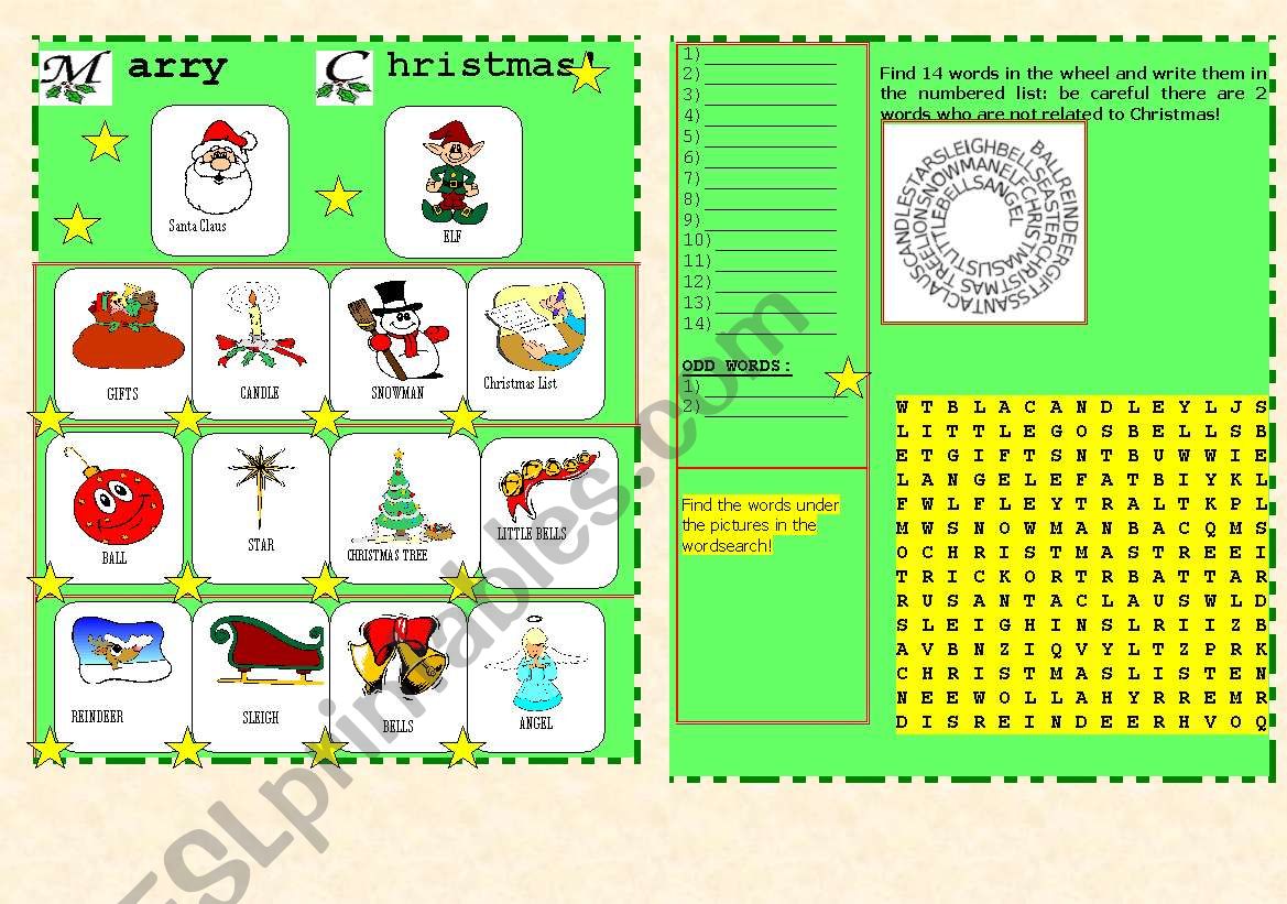 CHRISTMAS PICTIONARY+ WORDSEARCH+WORD WHEEL+ODD WORDS+KEY