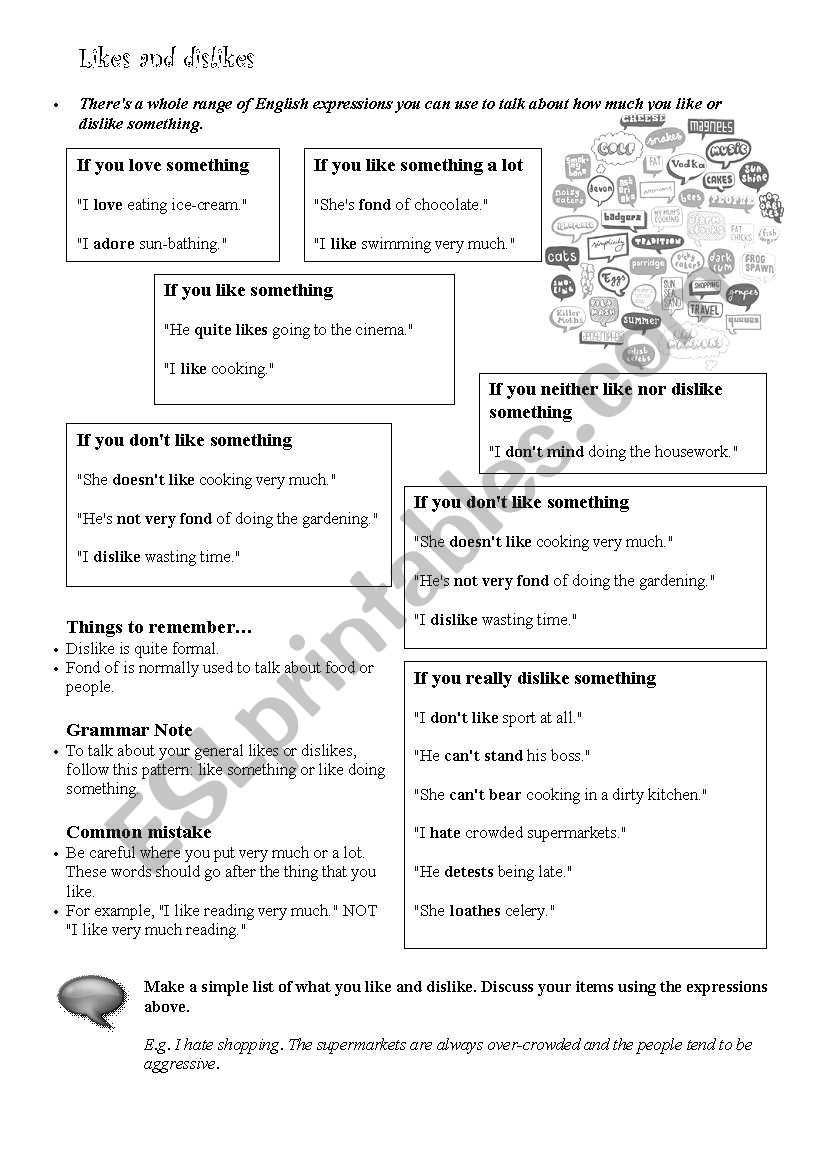 Likes and Dislikes worksheet