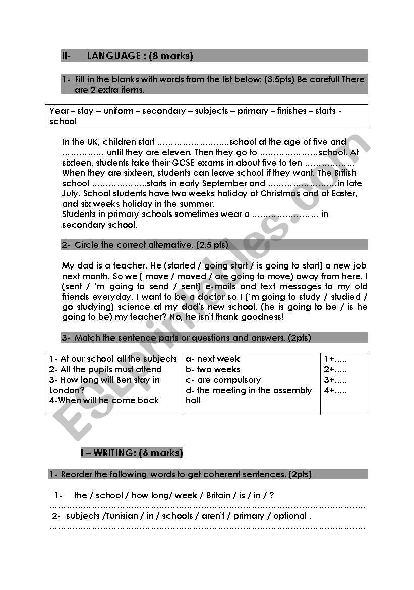 end of term test n1 (8th form tunisia)