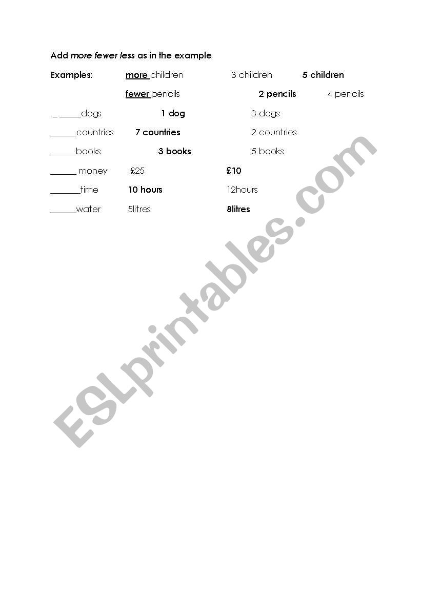 more fewer less worksheet
