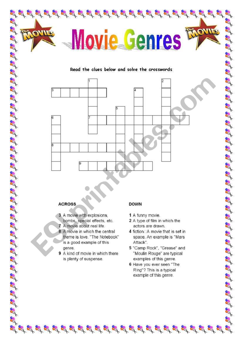 Movie Genre Crosswords worksheet