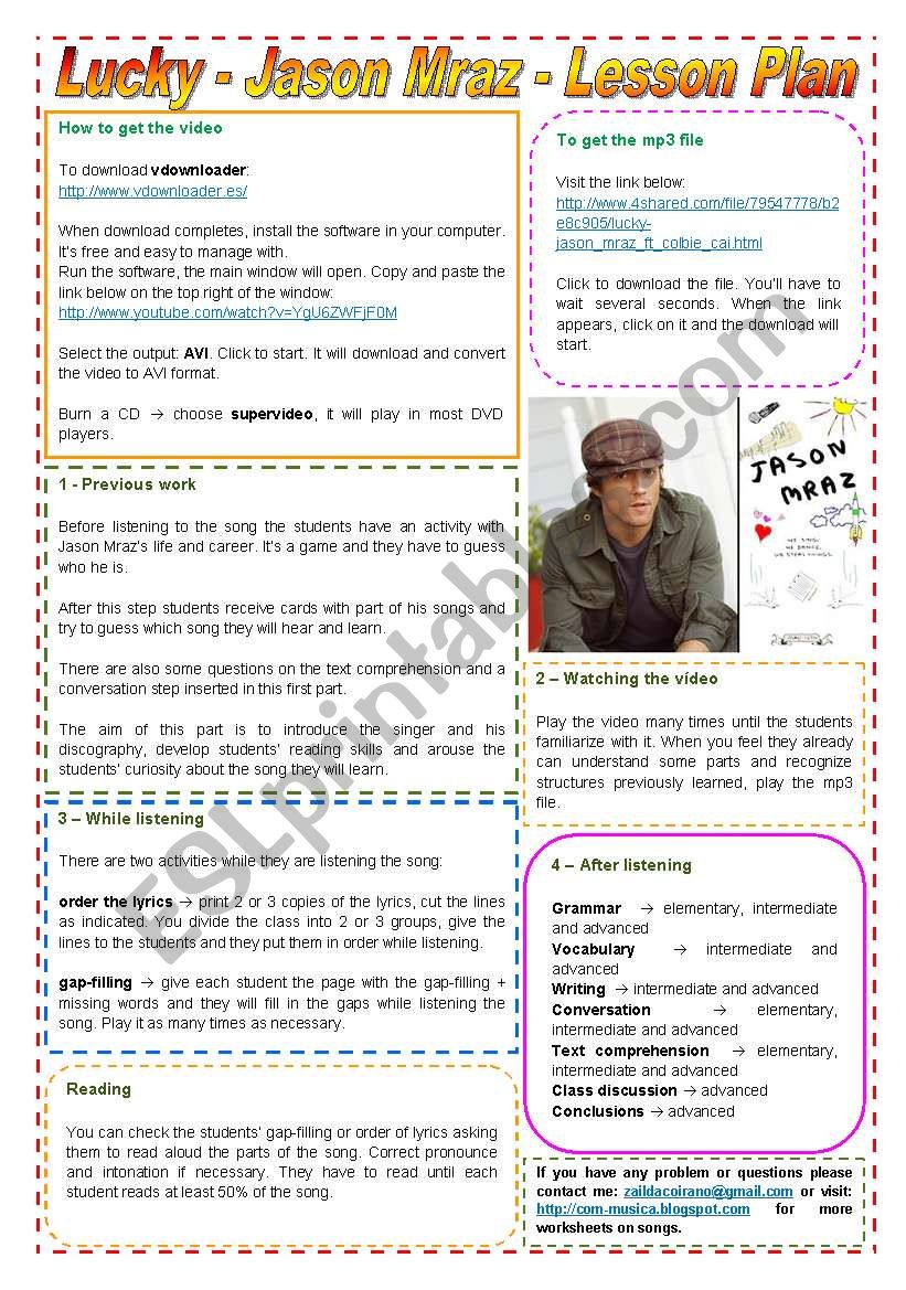 Lucky - Jason Mraz - Lesson Plan + video, burning, mp3 tutorial + links -  2 pages - fully editable (The Brazilian soap opera 