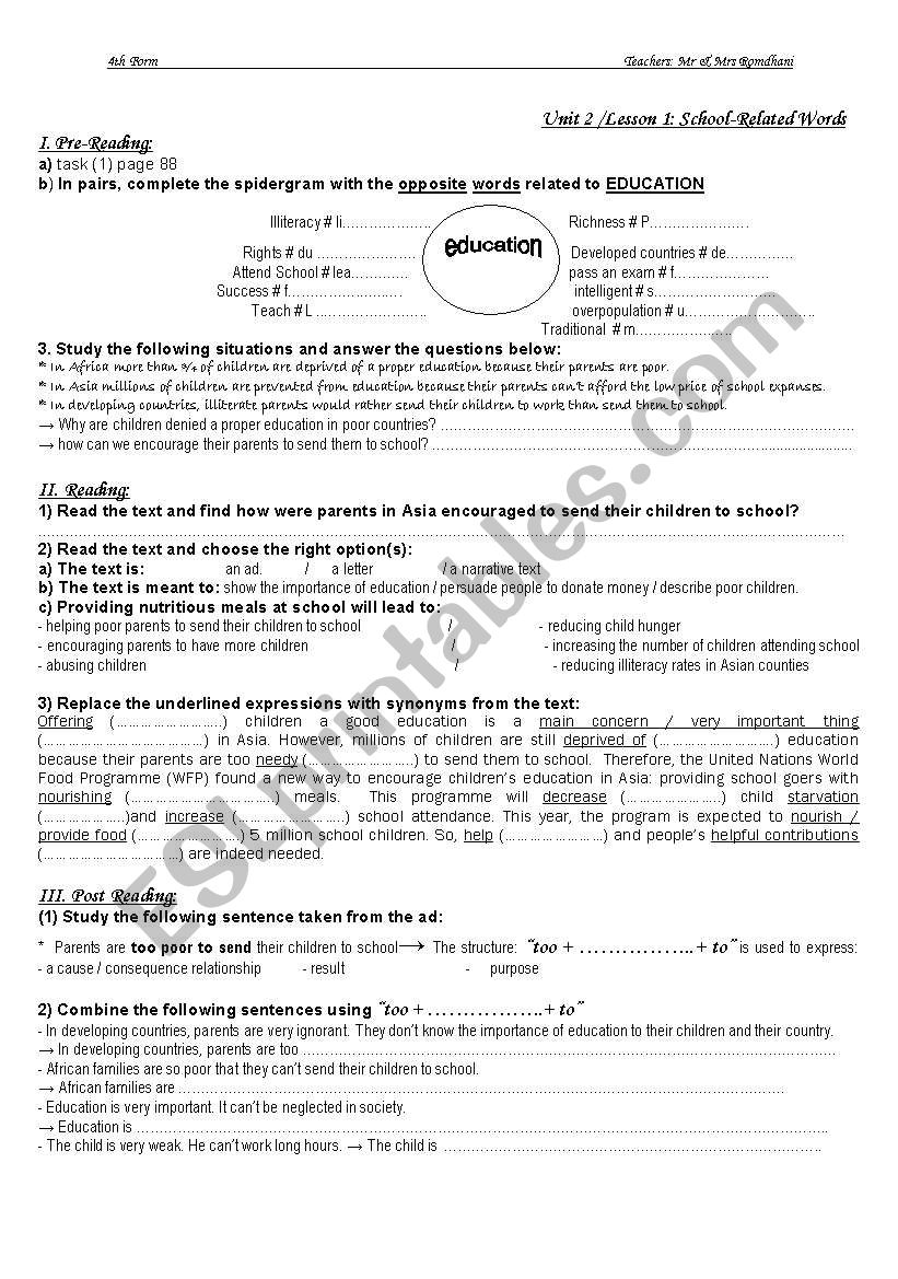 education Lesson 1/ 4th form worksheet