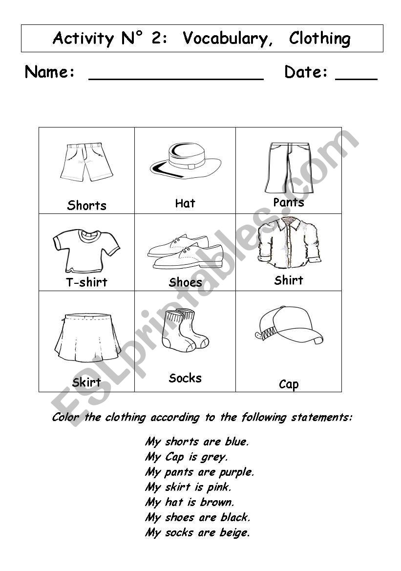 Vocabulary:  Clothing worksheet