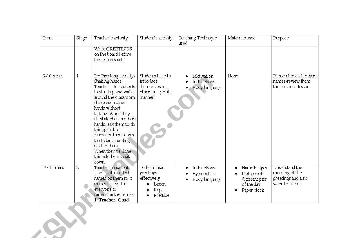 Greetings lesson plan worksheet