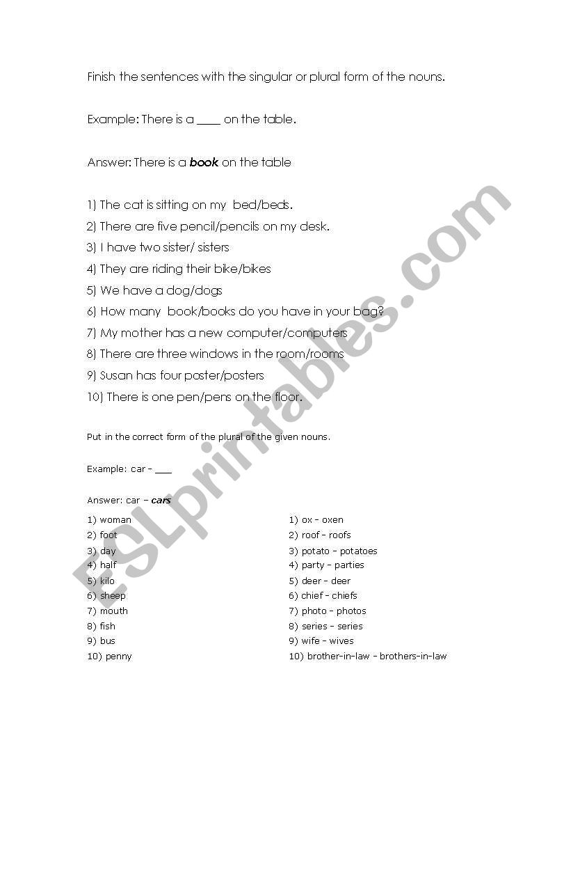 singular worksheet