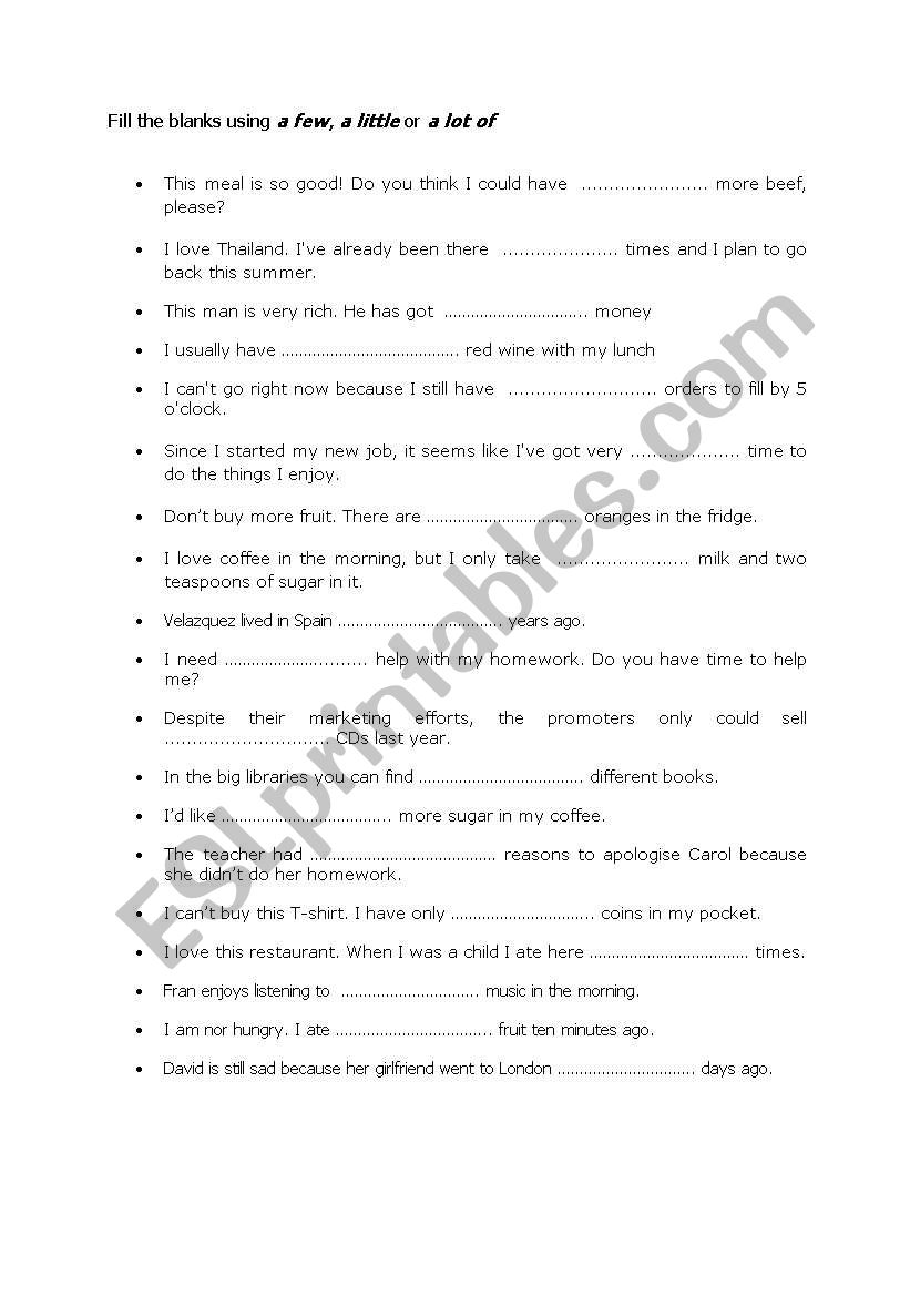 A few, a little, a lot of worksheet A few, a little, a lot of worksheet