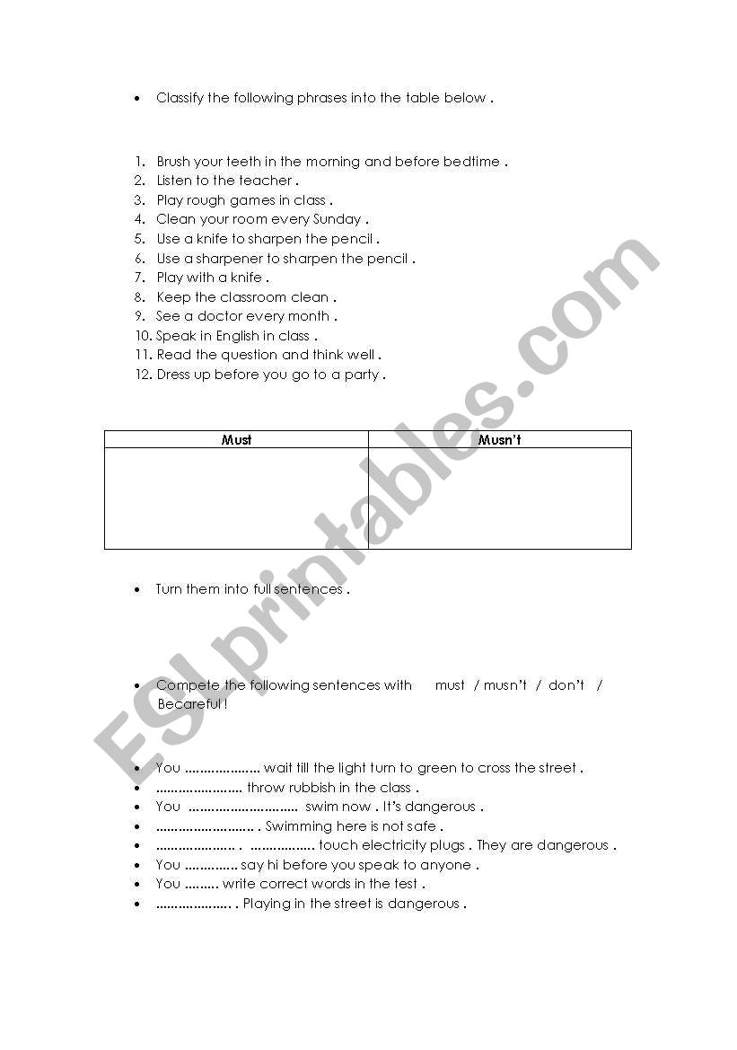 Must / Mustnt worksheet