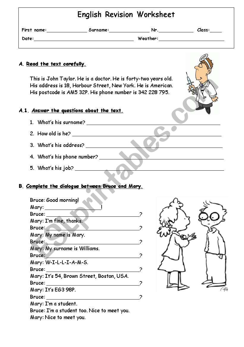 English Revision Worksheet - 5grade