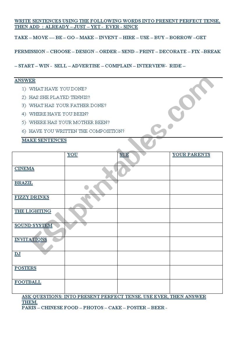 PRESENT PERFECT  worksheet