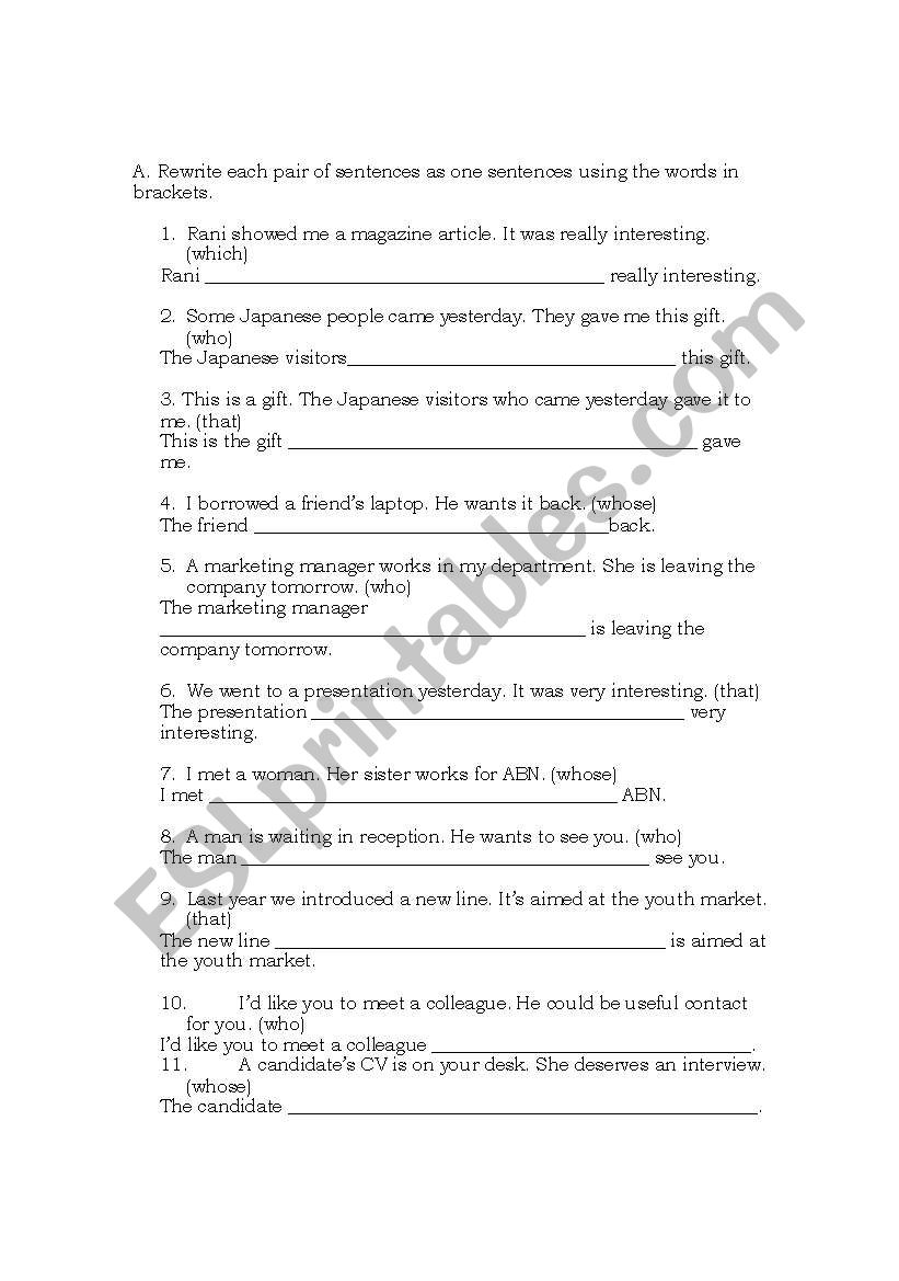 Relative Clauses - rewriting worksheet