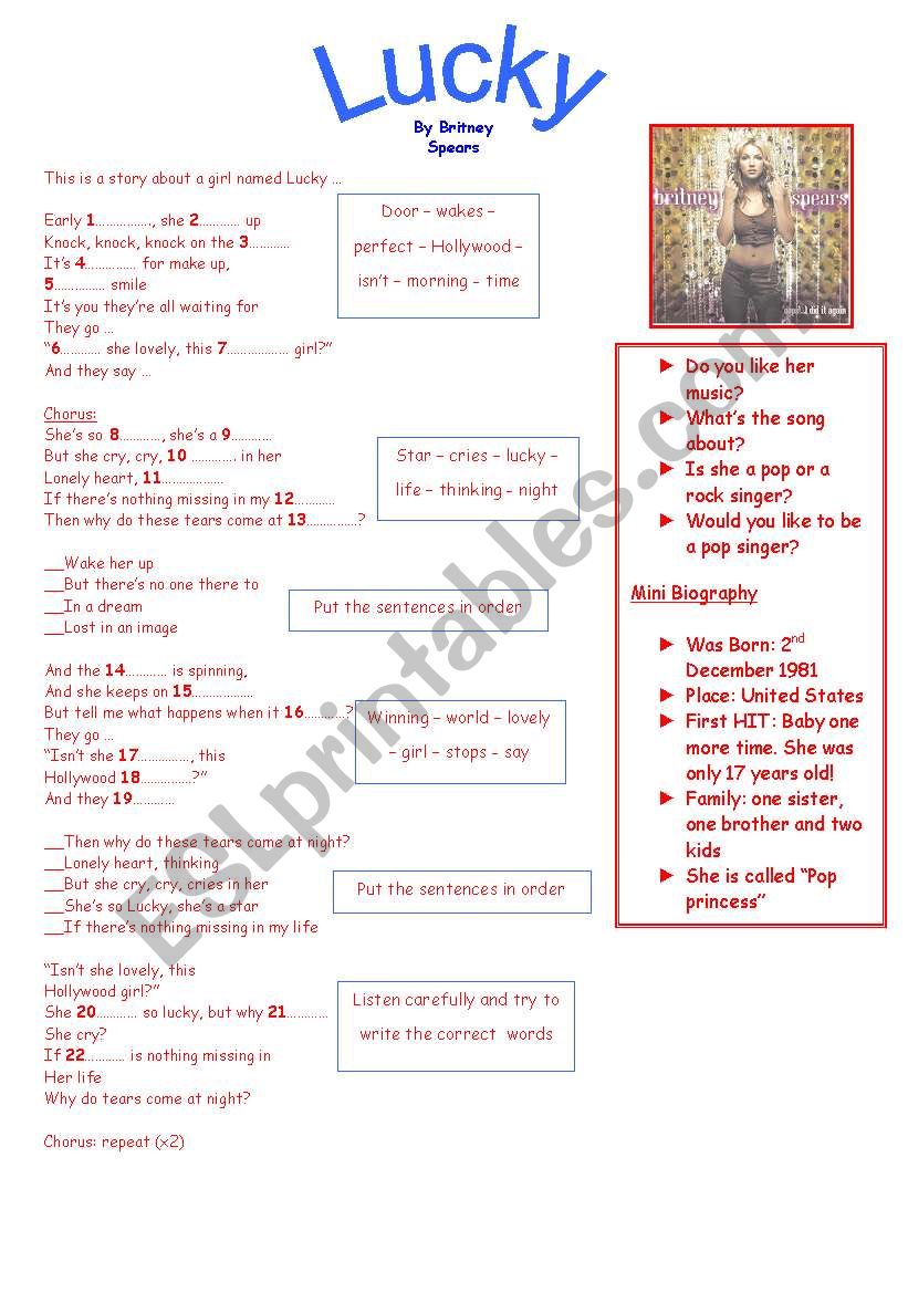 lucky - song worksheet