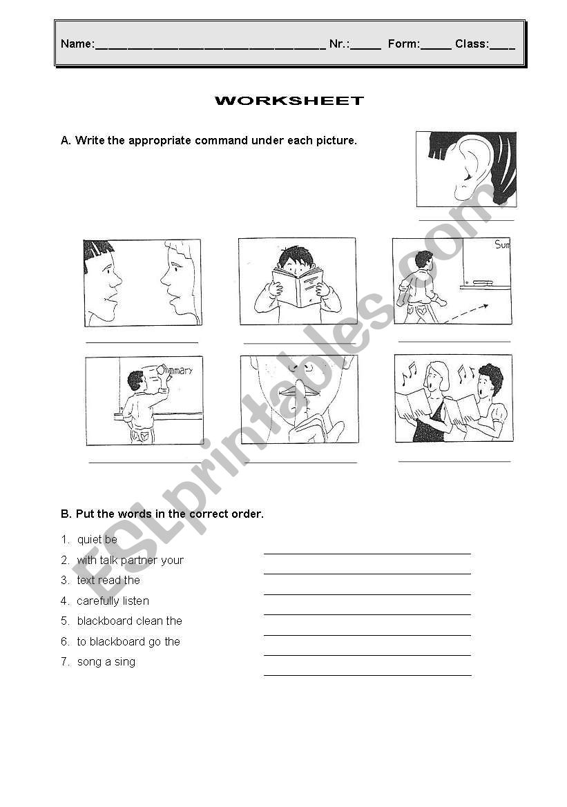 Orders and Commands worksheet