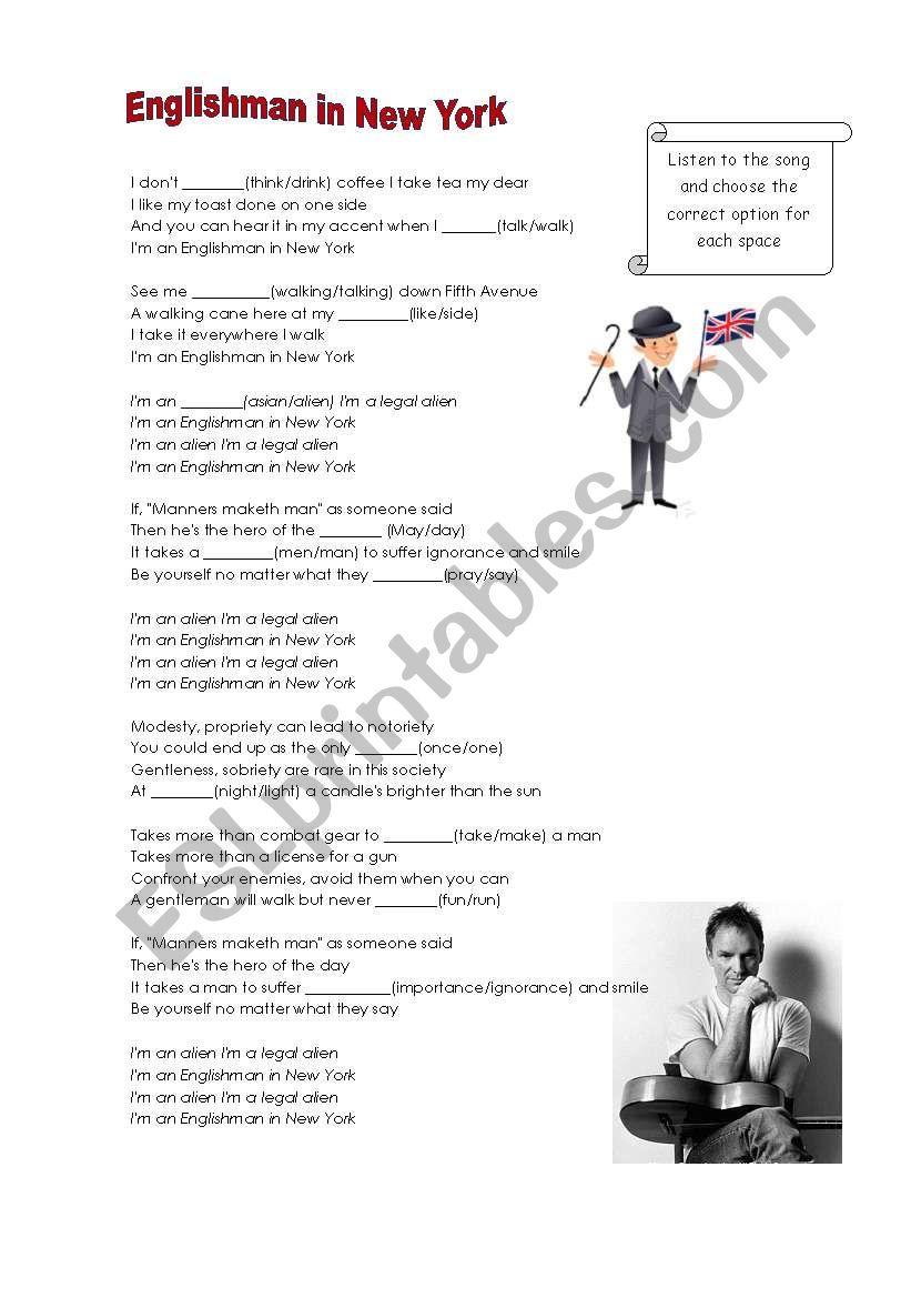 Englishman in New York Lyrics worksheet