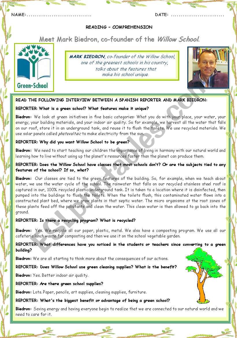 READING COMPREHENSION - A GREEN SCHOOL - Two pages