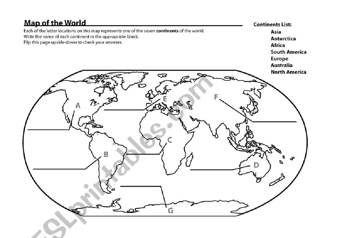 Map of trhe world worksheet