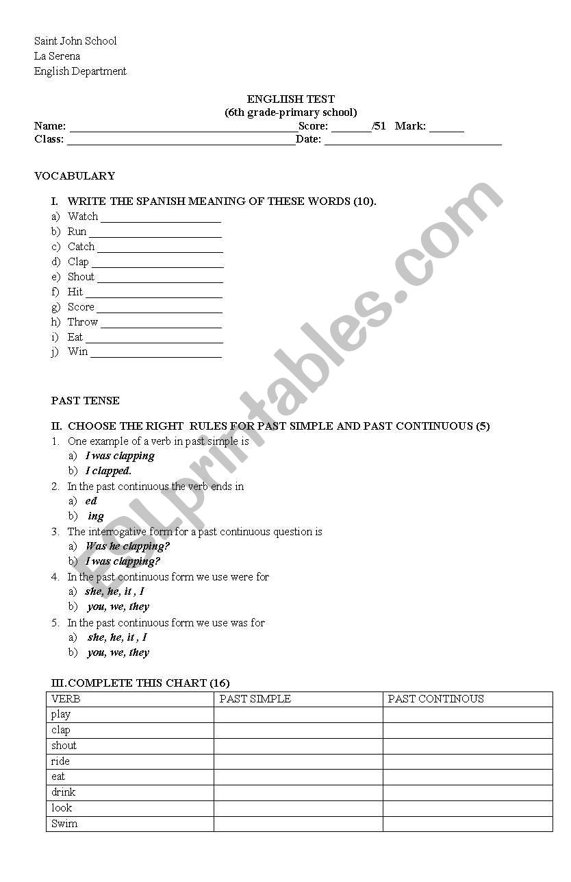 past continuous test worksheet