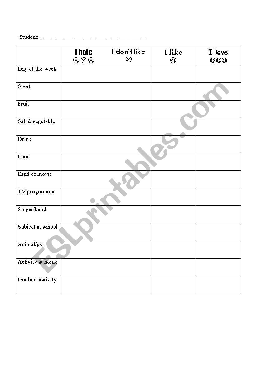 Hate -Like - Love worksheet