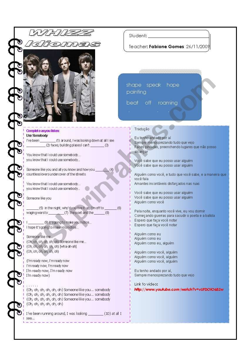 USE SOMEBODY - King of Leon worksheet