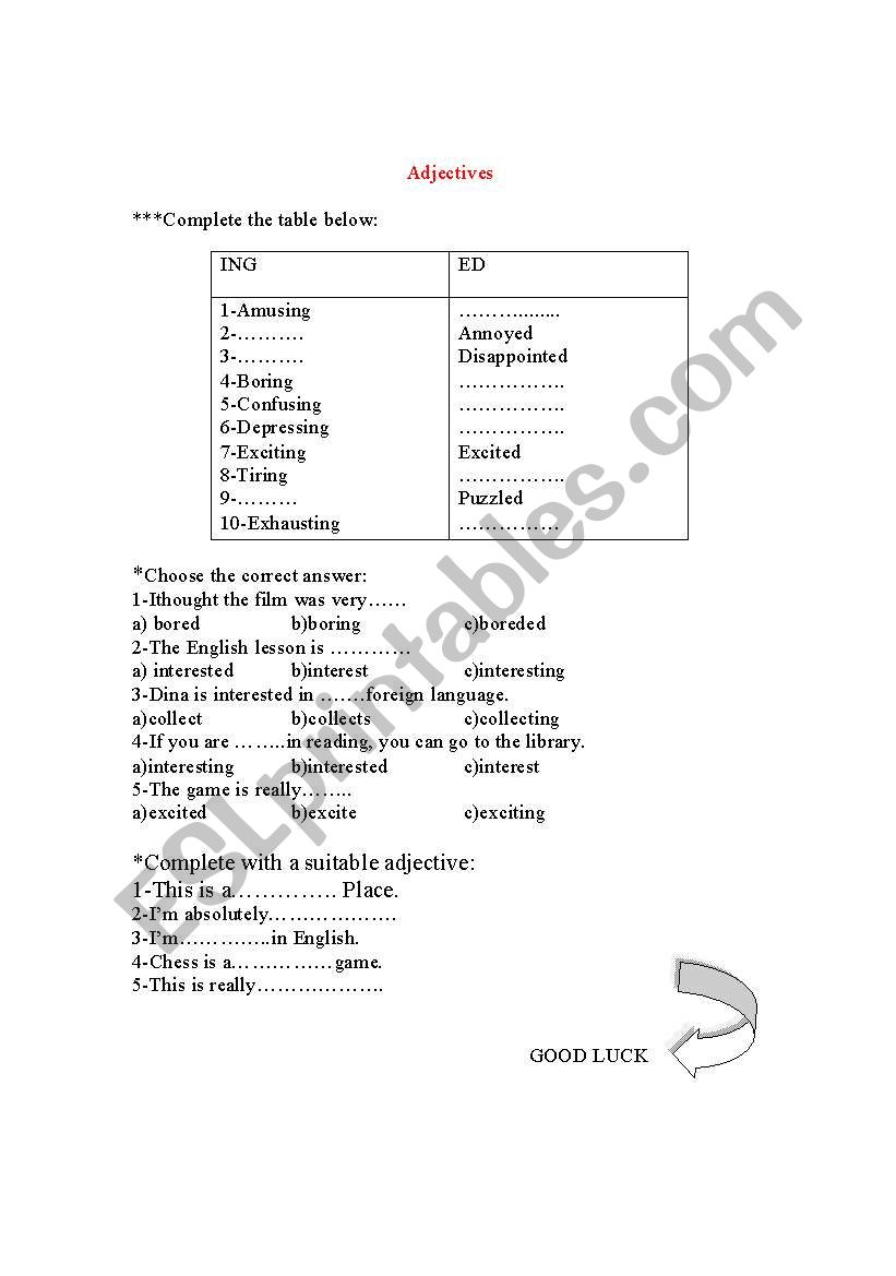  Adj. Endings (ed or ing)  worksheet