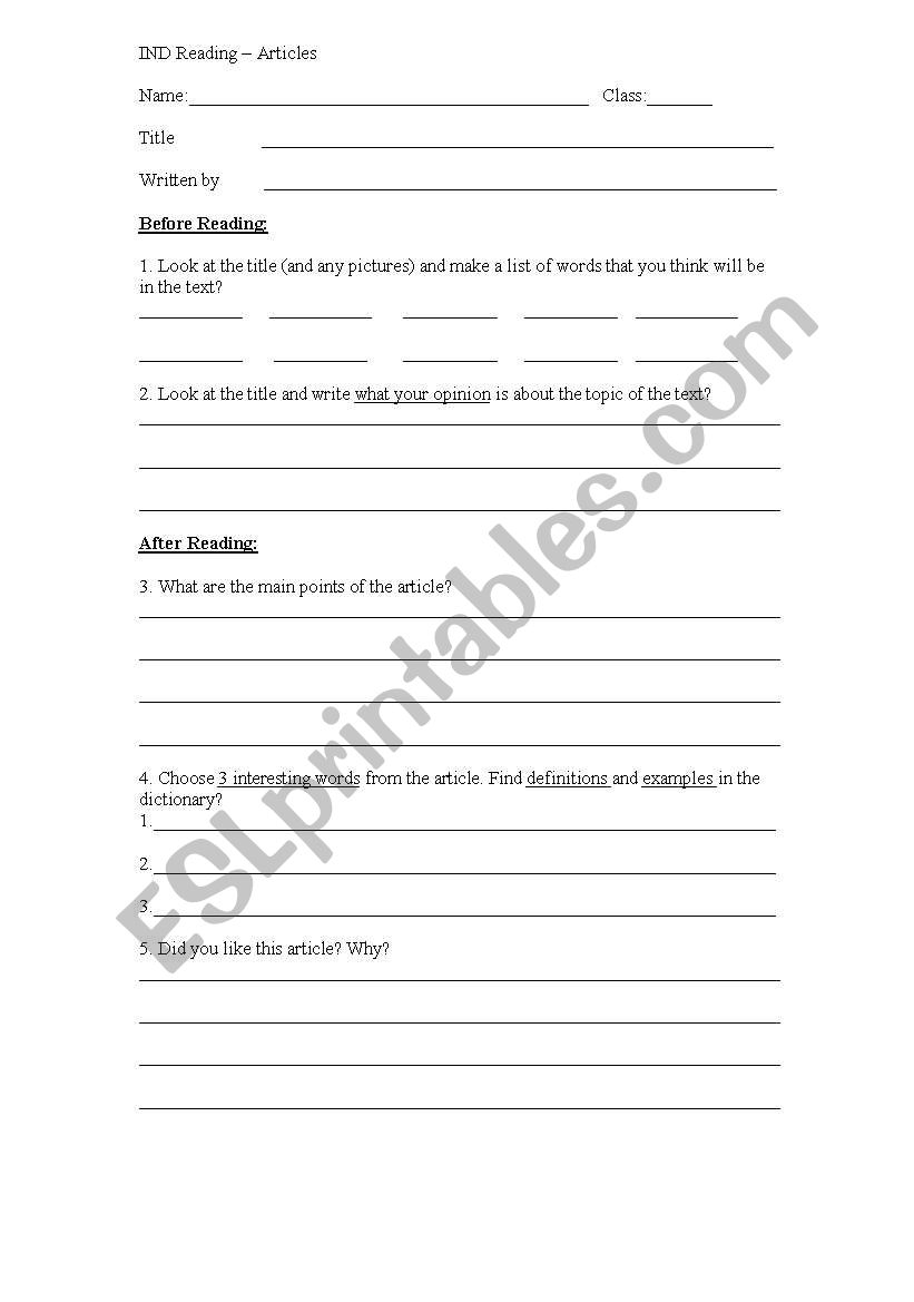 IND Reading worksheet