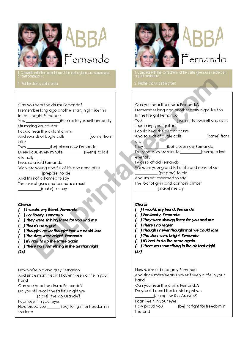 ABBA Fernando - song worksheet