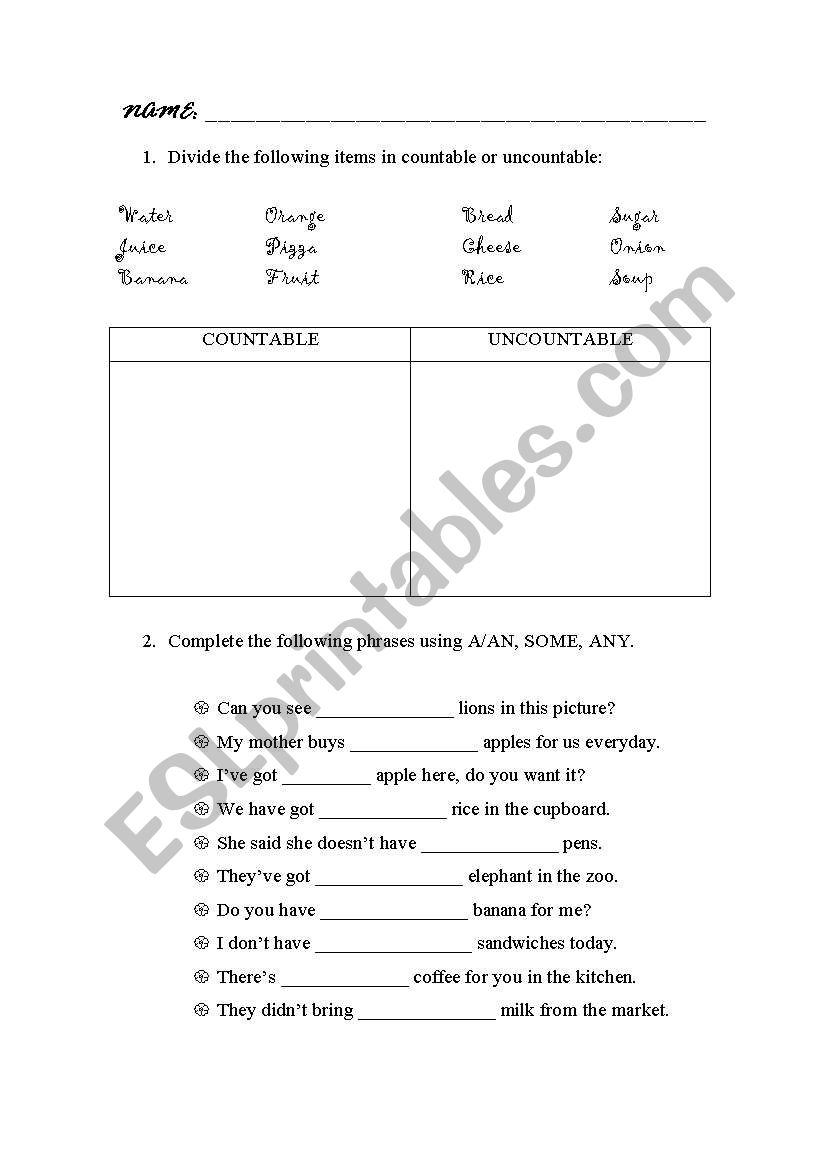 Countable/uncountable nouns, much/many worksheet