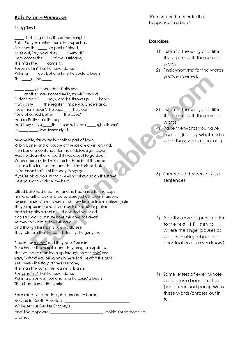 Bob Dylan ~ Hurricane - LISTENING EXERCISE WORKSHEET