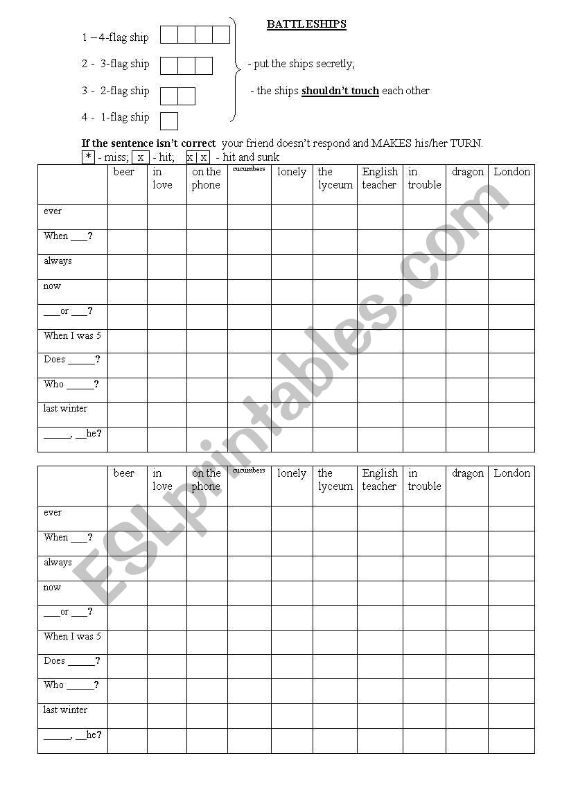 battleships worksheet