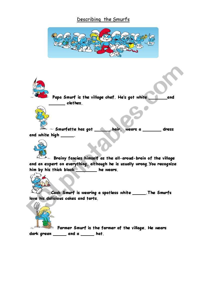 Describing the SMURFS. worksheet