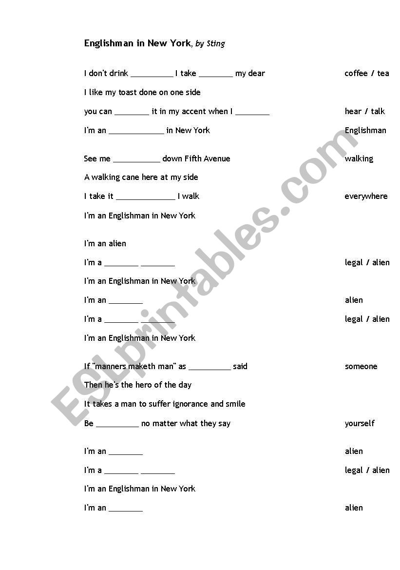 An Englishman in New York worksheet