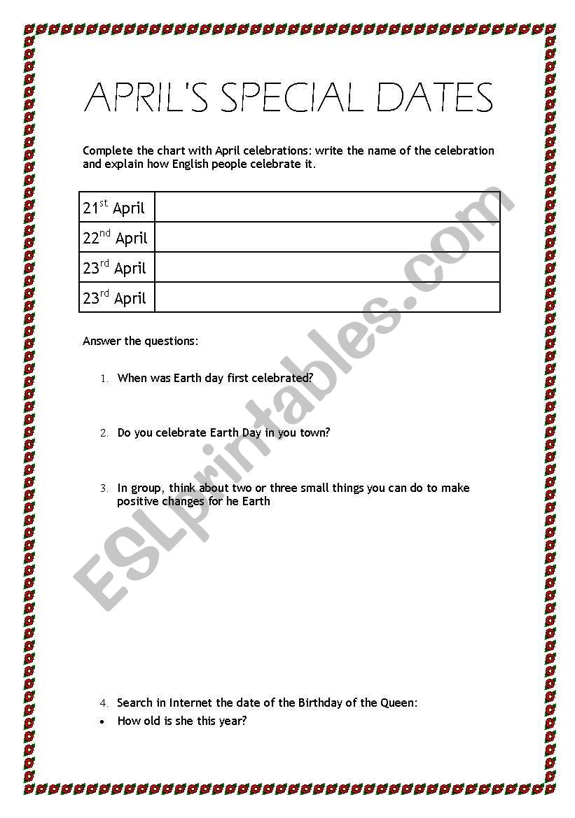 APRILS SPECIAL DATES worksheet