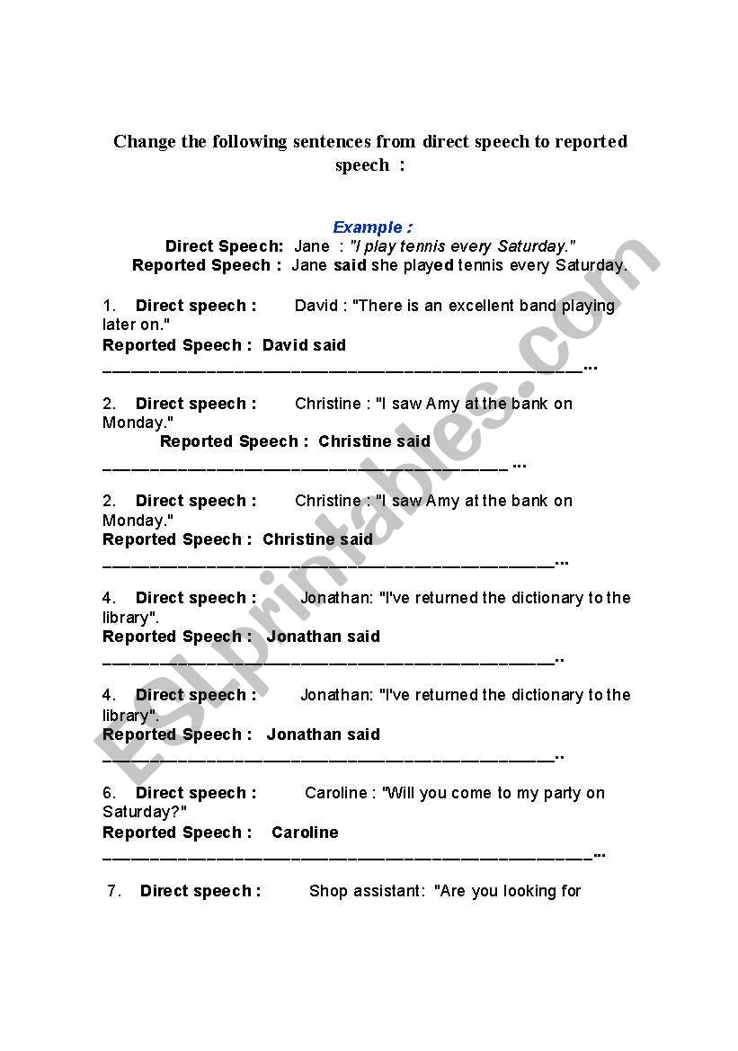 Reported speech exercise worksheet