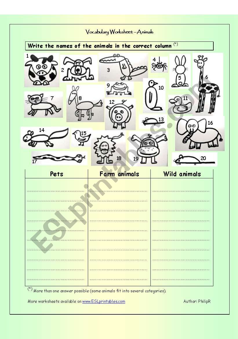 Vocabulary Worksheet - Animals