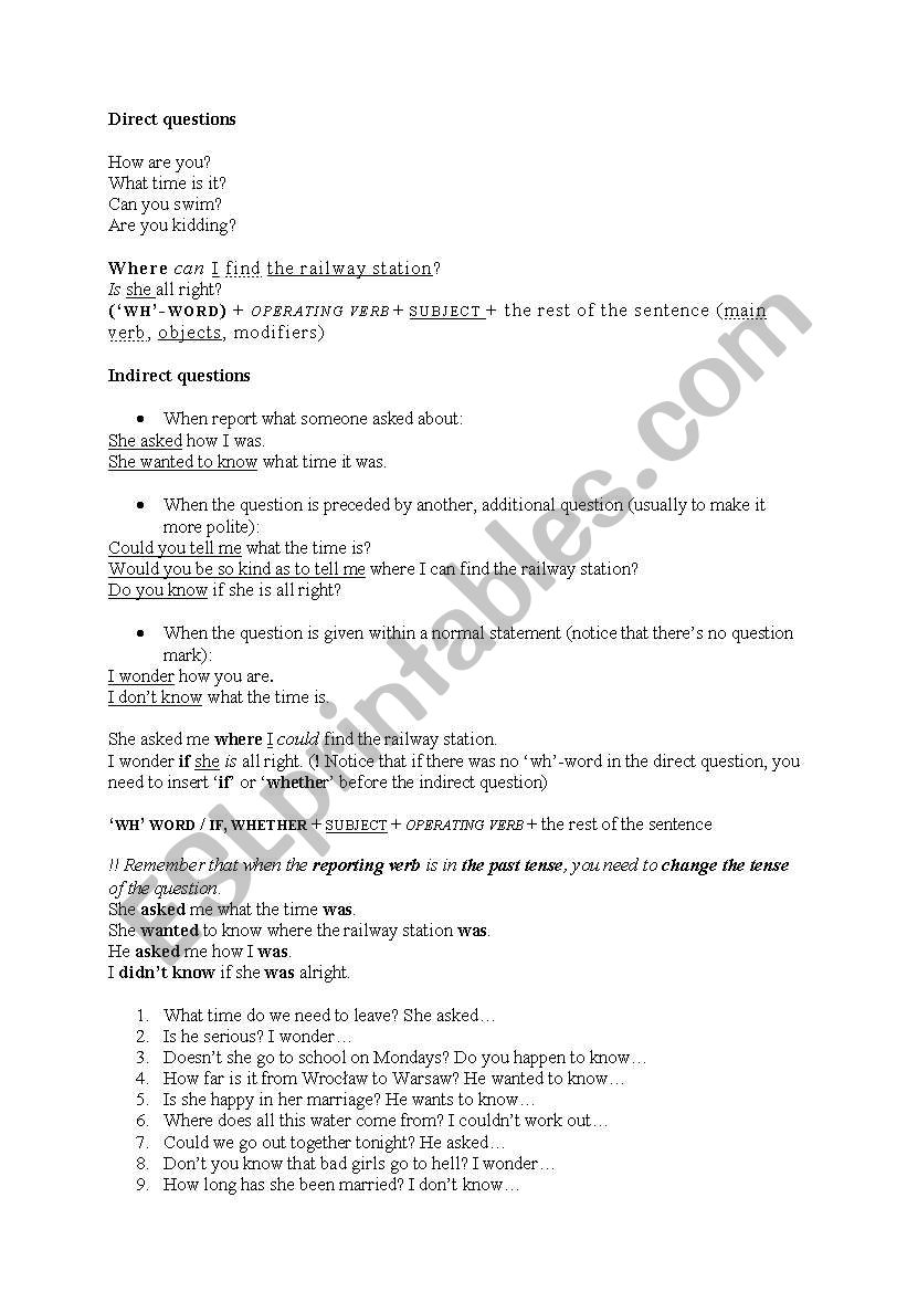 Direct/indirect questions worksheet